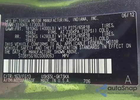 2012 Toyota Sequoia Sr5 5.7L V8 from USA, damaged, VIN 5TDBY5G16CS069063